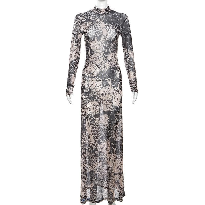Artistic Koi Mesh Maxi Dress - Elegant High-Neck Fall Statement Piece