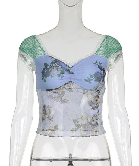 Autumn Bloom Floral Mesh & Gingham Sweetheart Top - Y2K Layering Cami