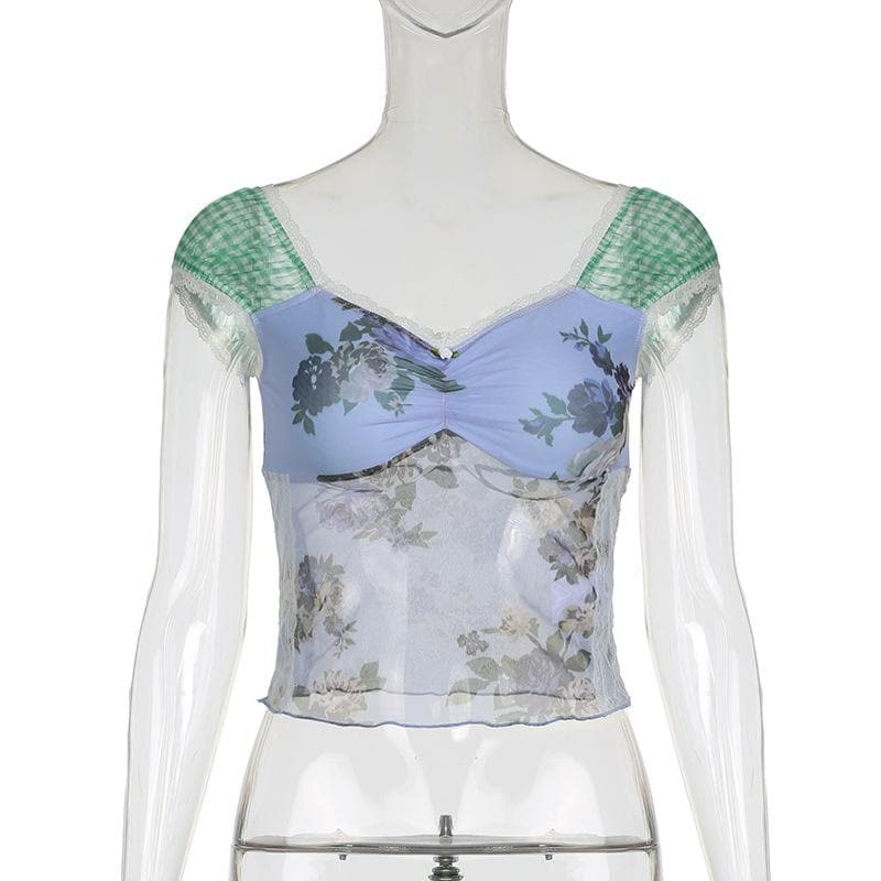 Autumn Bloom Floral Mesh & Gingham Sweetheart Top - Y2K Layering Cami