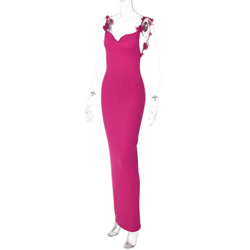 Elegant Magenta Backless Maxi Dress with Delicate Floral Applique Straps - Fall & Holiday Ready