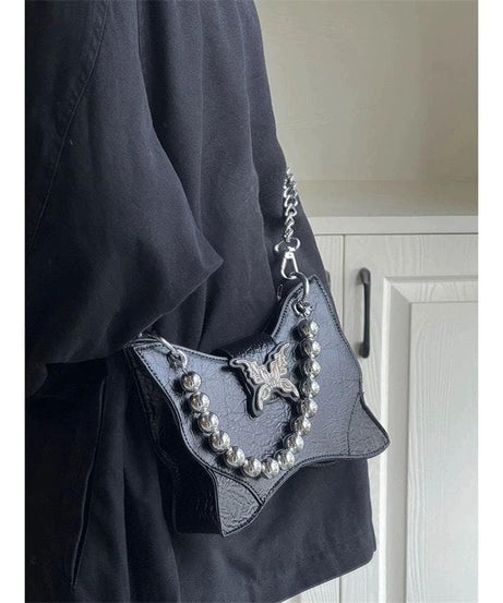 Radiant Silver Butterfly Charm Crossbody – Beaded Y2K Metallic Statement Bag