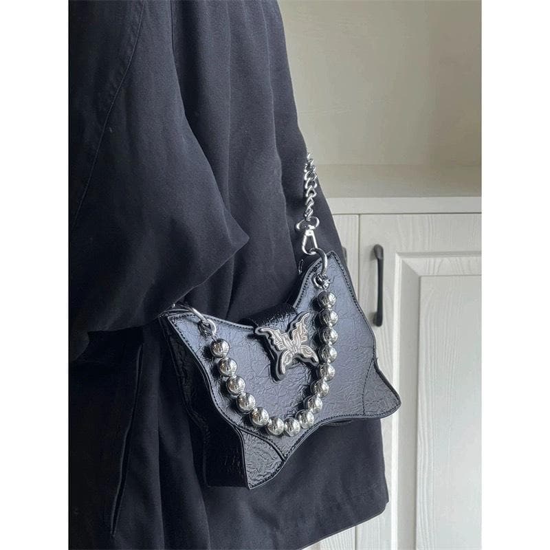 Radiant Silver Butterfly Charm Crossbody – Beaded Y2K Metallic Statement Bag