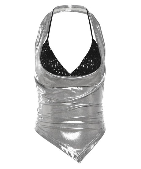 Sparkle & Slay: Y2K Metallic Silver Cowl Neck Halter Top – Your Ultimate Party & Holiday Glam Piece!