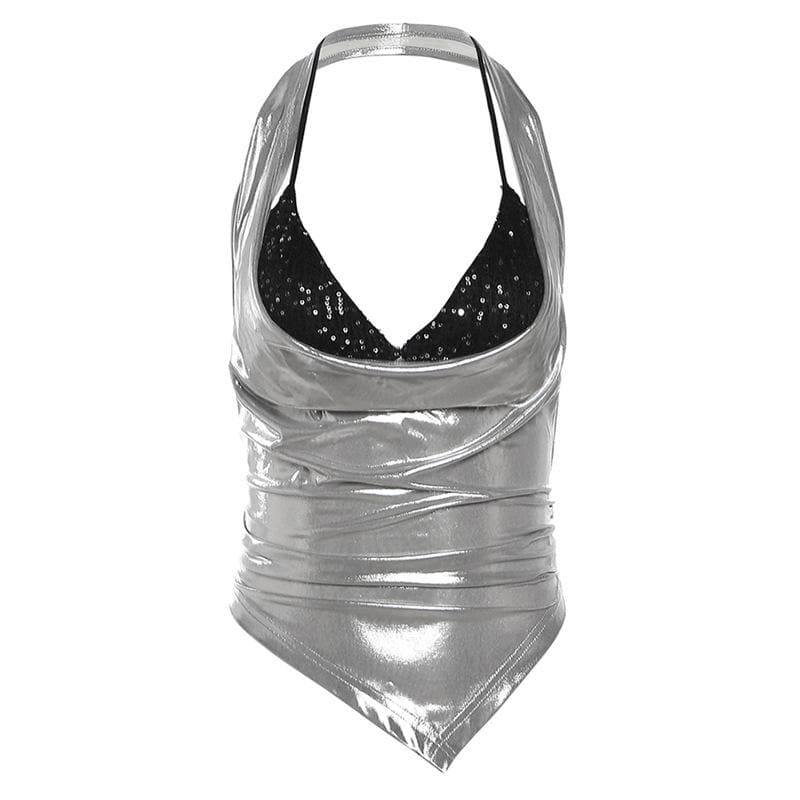 Sparkle & Slay: Y2K Metallic Silver Cowl Neck Halter Top – Your Ultimate Party & Holiday Glam Piece!