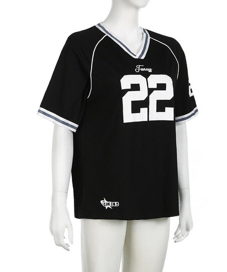 Women's Varsity '22' V-Neck Jersey Top - Fall Athleisure & Game Day Chic