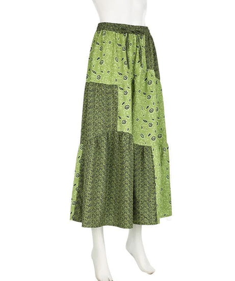 Boho Chic Patchwork Maxi Skirt - Effortless Green Style for Fall