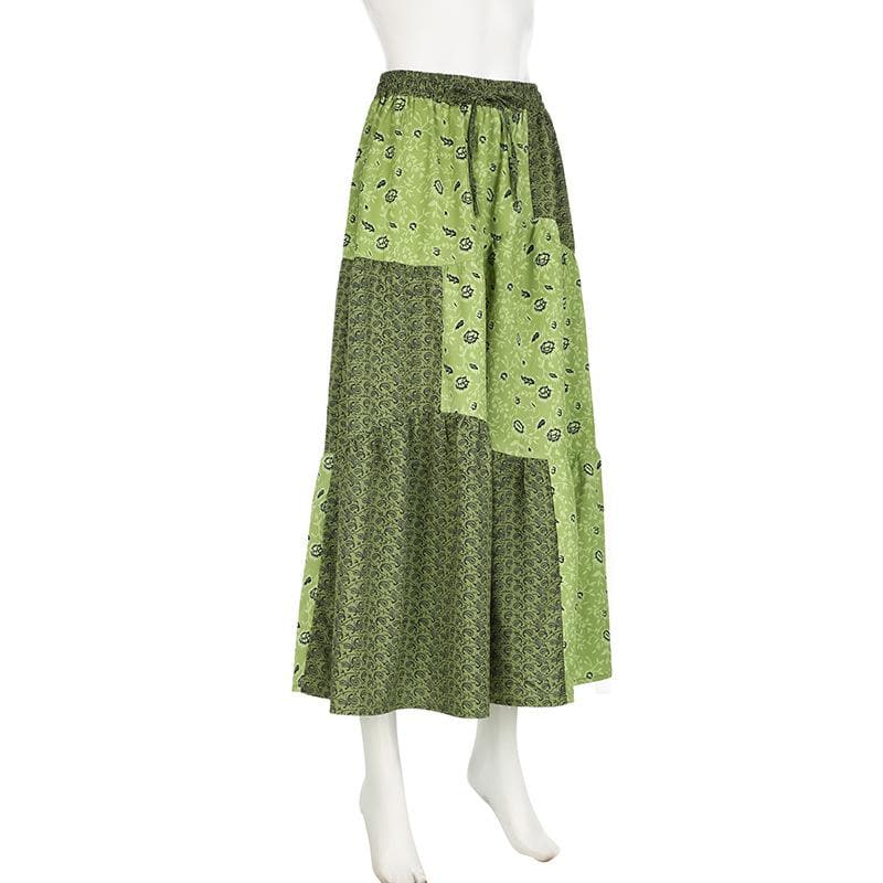 Boho Chic Patchwork Maxi Skirt - Effortless Green Style for Fall