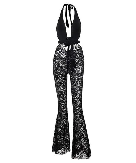 Sultry Black Lace Halter Jumpsuit with Deep V & Flared Legs | Perfect for Halloween & Fall Parties