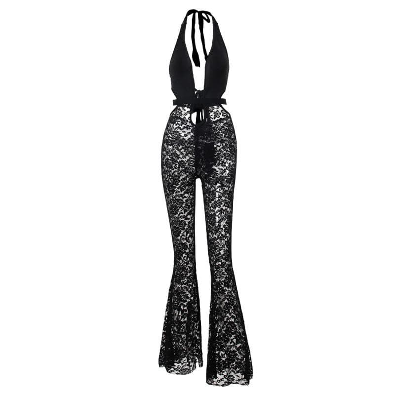 Sultry Black Lace Halter Jumpsuit with Deep V & Flared Legs | Perfect for Halloween & Fall Parties