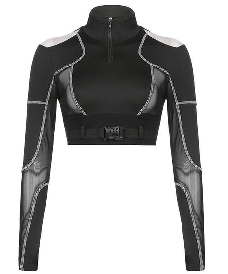 Edgy Chic Fall Mesh Crop Top - Quarter-Zip, Cold Shoulder & Tactical Buckle Detail