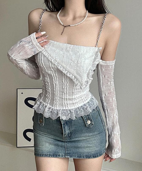 Edgy Glam Chain Strap Off-Shoulder Top with Sheer Floral Arm Warmers - Your Fall Party Statement