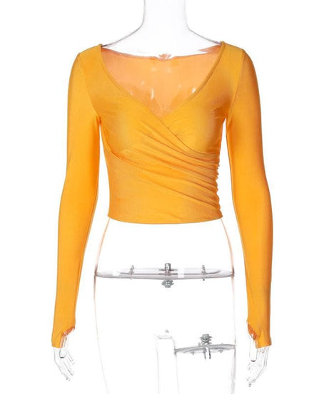 Chic Fall Essential: Black Wrap V-Neck Long Sleeve Crop Top with Thumbholes