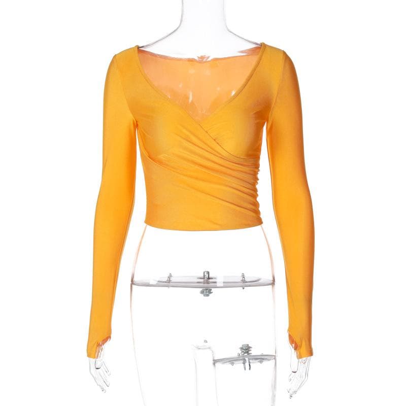 Chic Fall Essential: Black Wrap V-Neck Long Sleeve Crop Top with Thumbholes