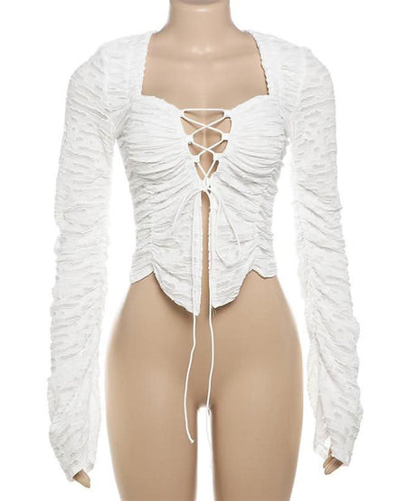 Y2K Chic White Textured Lace-Up Crop Top | Ruched Long Sleeve Fall Fashion Statement