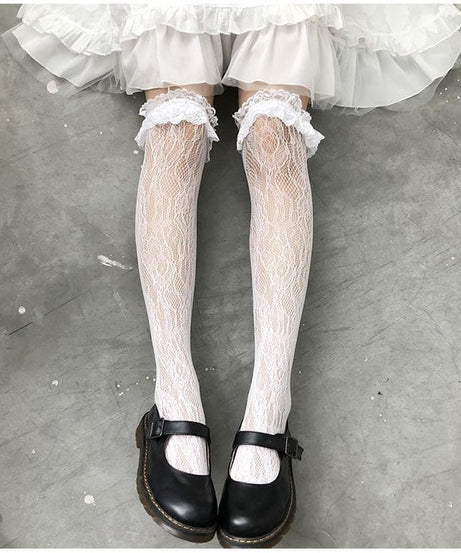 Enchanting White Lace Thigh-High Stockings – Delicate Ruffle Trim for Autumn & Halloween Chic