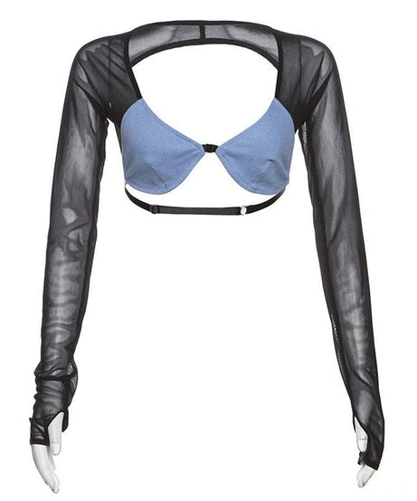 Black Mesh Long Sleeve Crop Top with Built-In Fingerless Gloves | Edgy Fall & Halloween Style