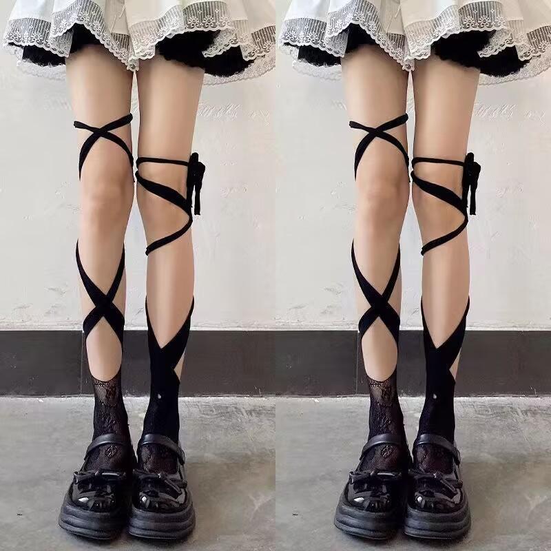 Chic Coquette Lace-Up Leg Wraps - Adjustable Self-Tie Balletcore & Goth Socks for Fall