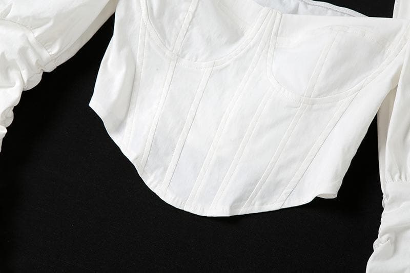 Autumn Elegance: White Sweetheart Corset Top | Statement Puff & Ruched Sleeves