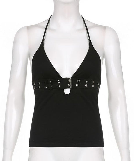 Fall Nights Out: Edgy Buckle & Grommet Plunge Halter Top - Y2K Fashion