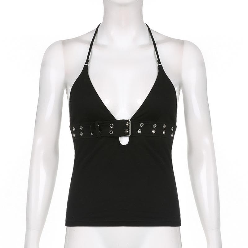 Fall Nights Out: Edgy Buckle & Grommet Plunge Halter Top - Y2K Fashion