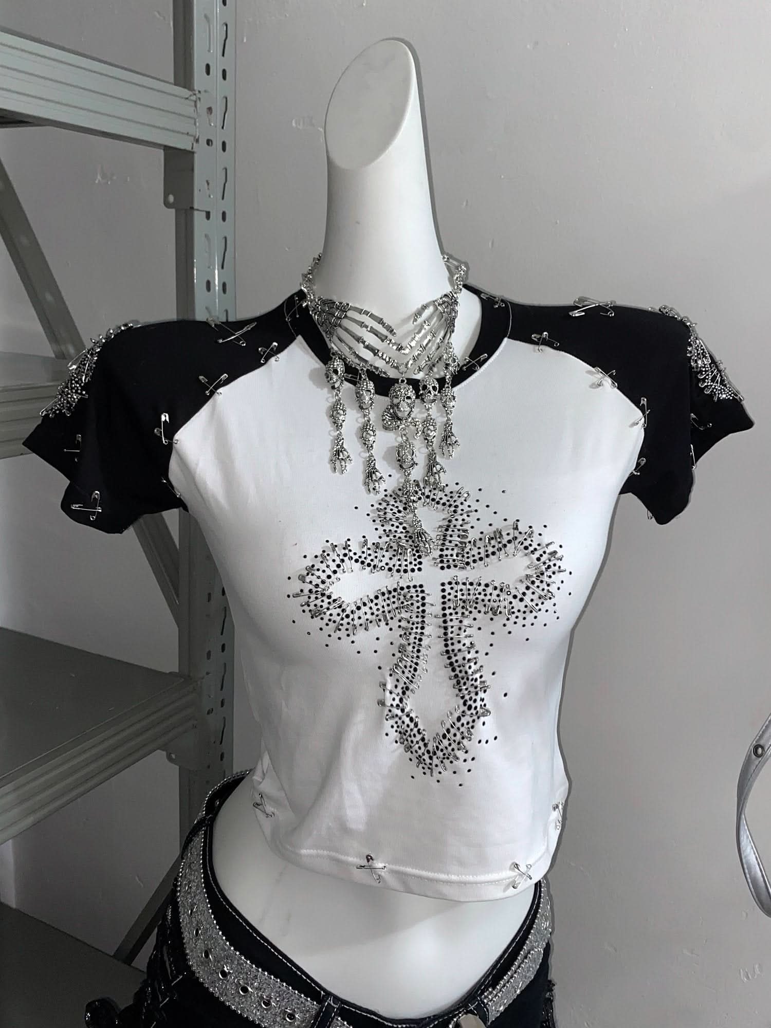 Spooky Chic Rhinestone Cross Crop Top & Mesh Skort Set - Y2K Goth Alt Fashion