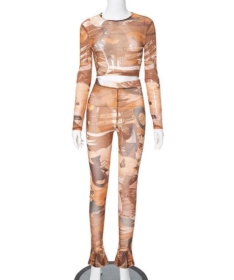 Fall Femme Fatale: Abstract Art Mesh Crop Top & Flared Leggings Set - Trendy 2-Piece Co-Ord