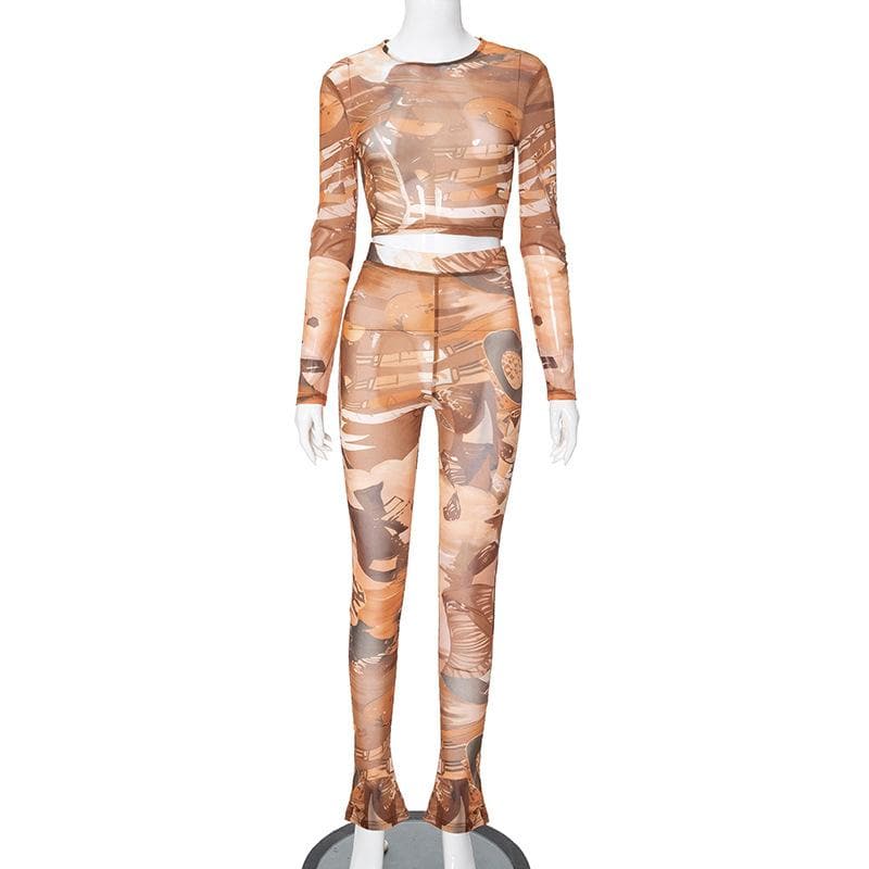 Fall Femme Fatale: Abstract Art Mesh Crop Top & Flared Leggings Set - Trendy 2-Piece Co-Ord