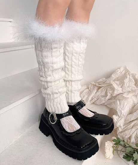 Cozy Fall Chic: Faux Fur Trim Cable Knit Leg Warmers - Y2K Style for Women