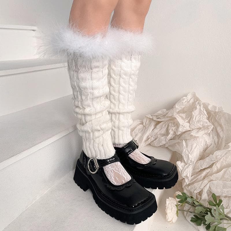 Cozy Fall Chic: Faux Fur Trim Cable Knit Leg Warmers - Y2K Style for Women