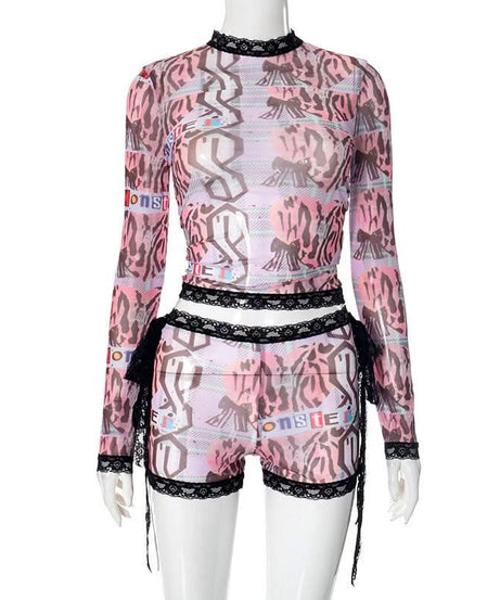 Spooky Chic Y2K Mesh "MONSTER" Print Lace Trim Crop Top & Shorts Set – Halloween & Fall Streetwear