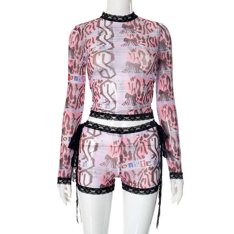 Spooky Chic Y2K Mesh "MONSTER" Print Lace Trim Crop Top & Shorts Set – Halloween & Fall Streetwear
