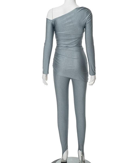 Chic One-Shoulder Ruched Top & Stirrup Leggings Set – Fall & Holiday Party Ready