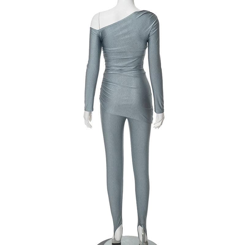 Chic One-Shoulder Ruched Top & Stirrup Leggings Set – Fall & Holiday Party Ready