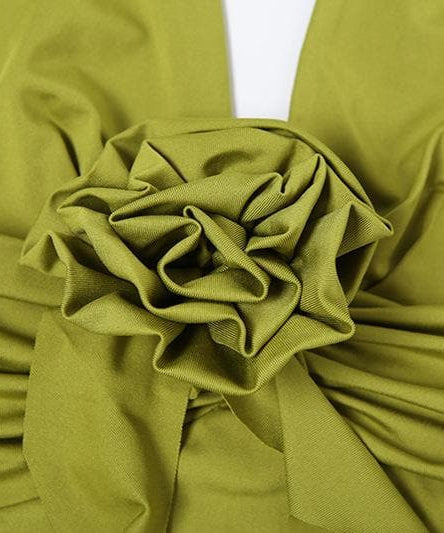 Enchanting Olive Green Halter Maxi Dress with Ruffled High Slits & Rose Applique - Your Fall Event Statement