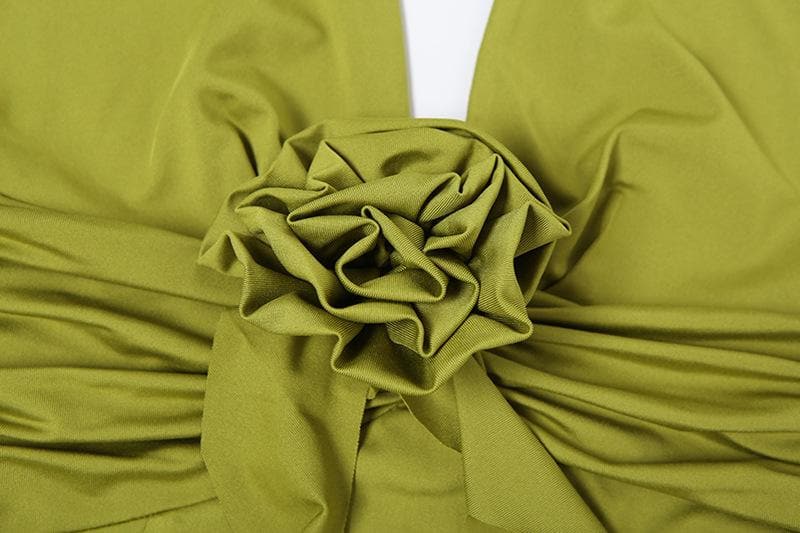 Enchanting Olive Green Halter Maxi Dress with Ruffled High Slits & Rose Applique - Your Fall Event Statement