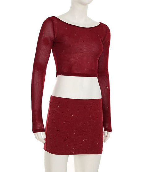 Dazzling Burgundy Sparkle Crop Top & Mini Skirt Set - Your Fall & Holiday Glam Go-To