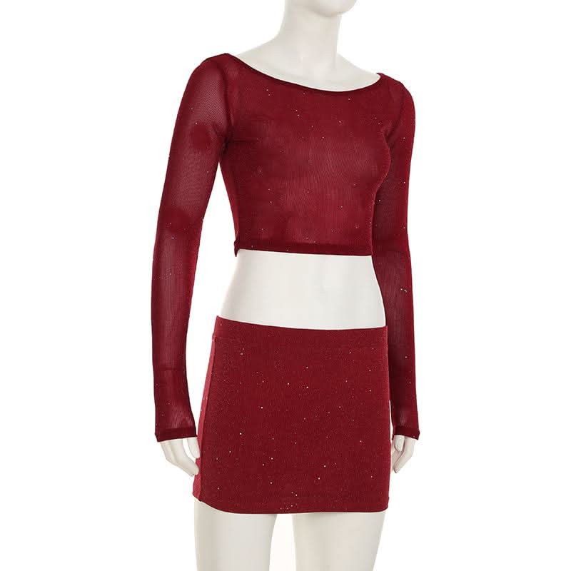 Dazzling Burgundy Sparkle Crop Top & Mini Skirt Set - Your Fall & Holiday Glam Go-To