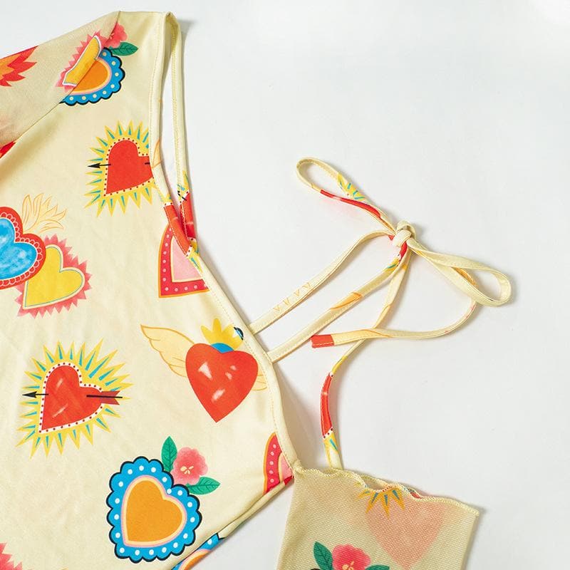 Vibrant Sacred Heart Mesh Mini Dress - Asymmetrical Long Sleeve | Fall Statement