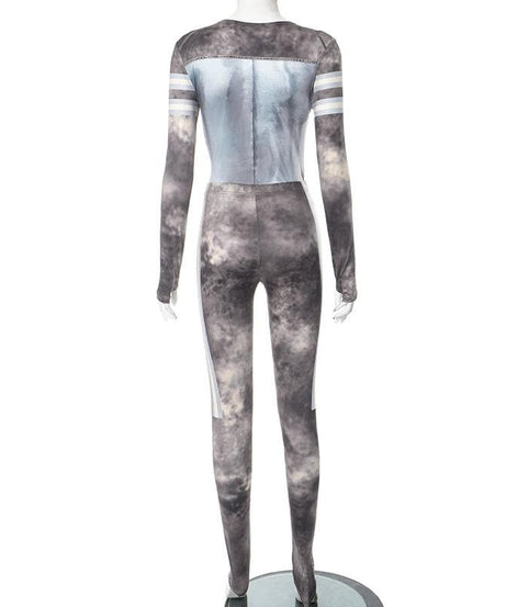 Fall Edgy Cloud Print Matching Set - Women's Zip-Up Top & Leggings with Money Patches