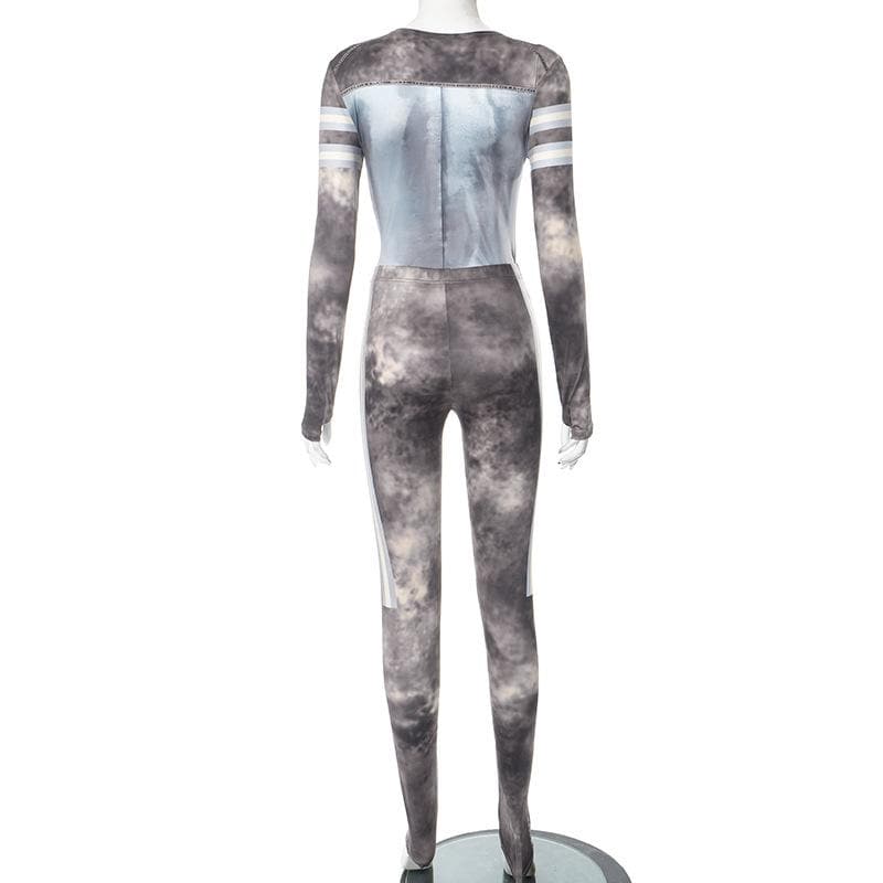 Fall Edgy Cloud Print Matching Set - Women's Zip-Up Top & Leggings with Money Patches