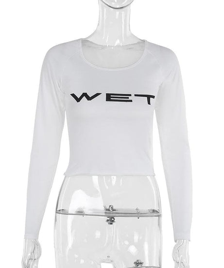 Women's "WET" Graphic Long Sleeve Crop Top - Trendy Fall Statement Piece