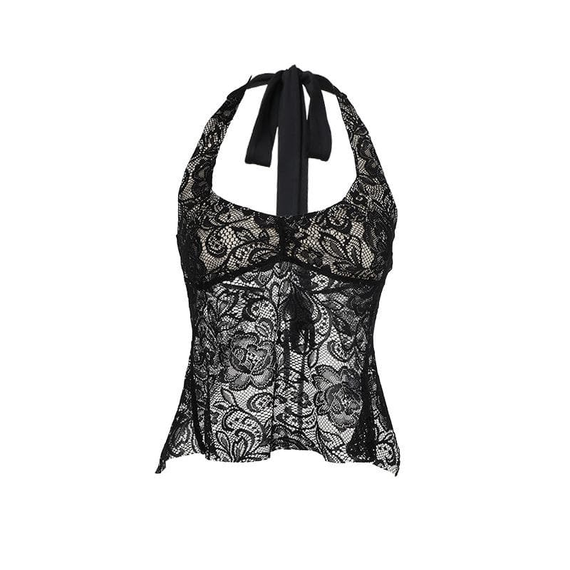 Chic Black Floral Lace Halter Top - Elevate Your Fall & Holiday Style