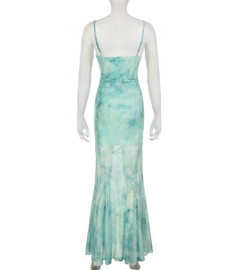 Ethereal Aqua Tie-Dye Mesh Maxi Dress - Ruched Cami & Mermaid Hem | Fall Getaway Chic