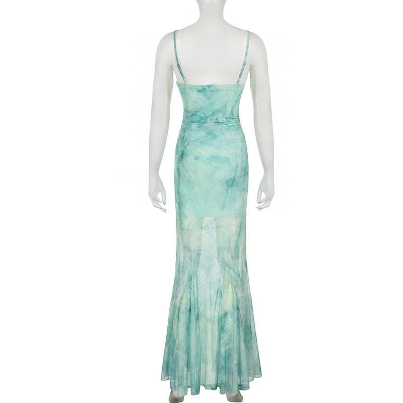Ethereal Aqua Tie-Dye Mesh Maxi Dress - Ruched Cami & Mermaid Hem | Fall Getaway Chic