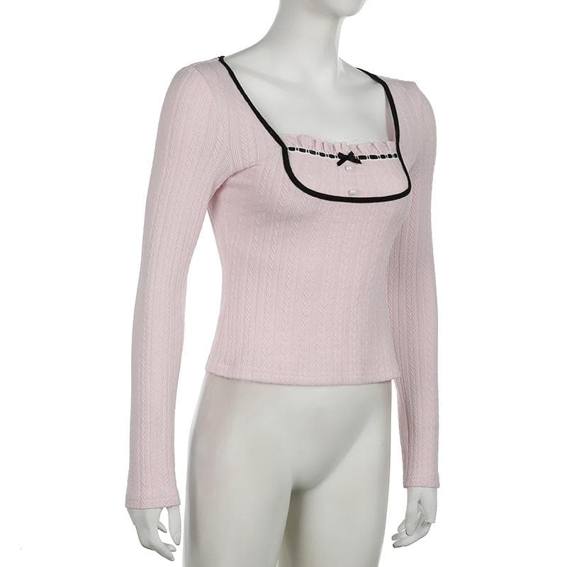 Sweetheart Pink Ribbed Knit Top - Chic Square Neck Long Sleeve with Ruffle & Bow Detail for Fall