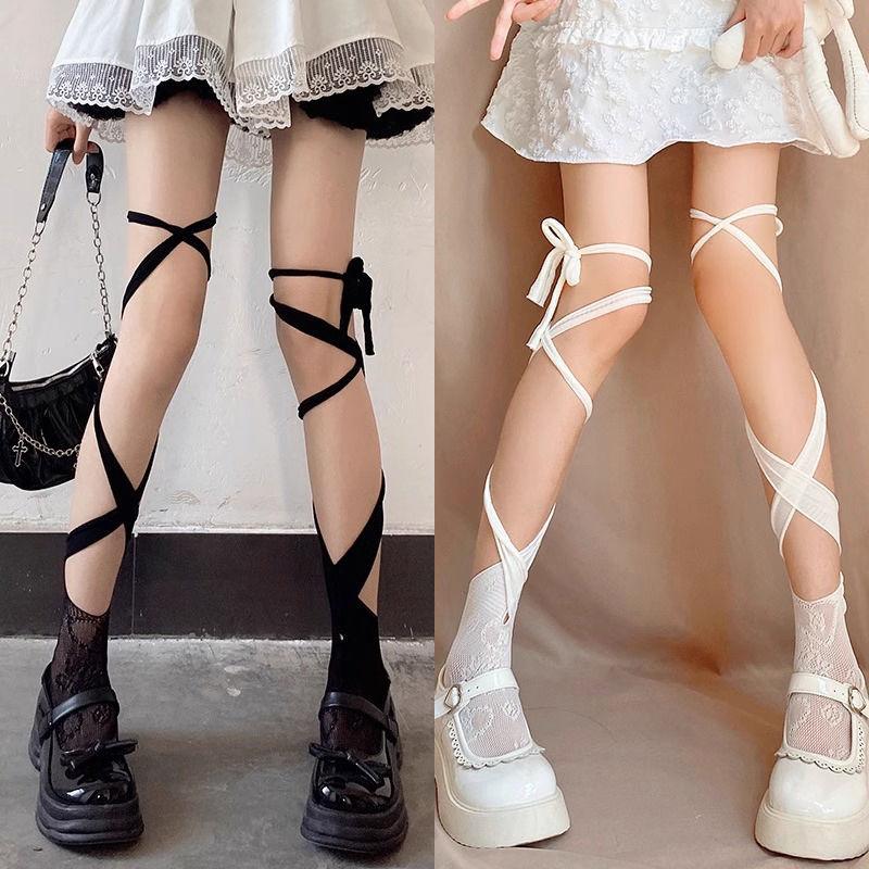 Chic Coquette Lace-Up Leg Wraps - Adjustable Self-Tie Balletcore & Goth Socks for Fall