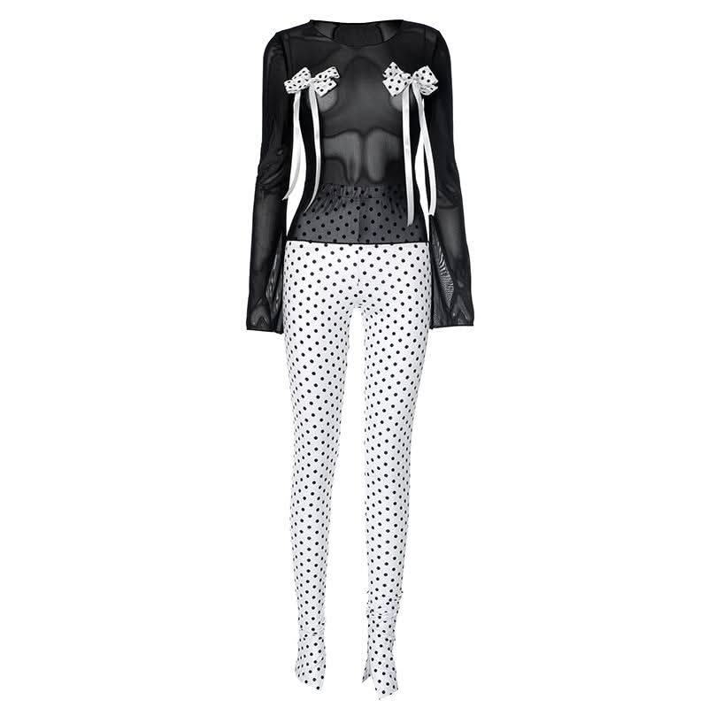 Spooky Chic Polka Dot Bow Mesh Co-ord Set - Daring Halloween & Fall Party Outfit