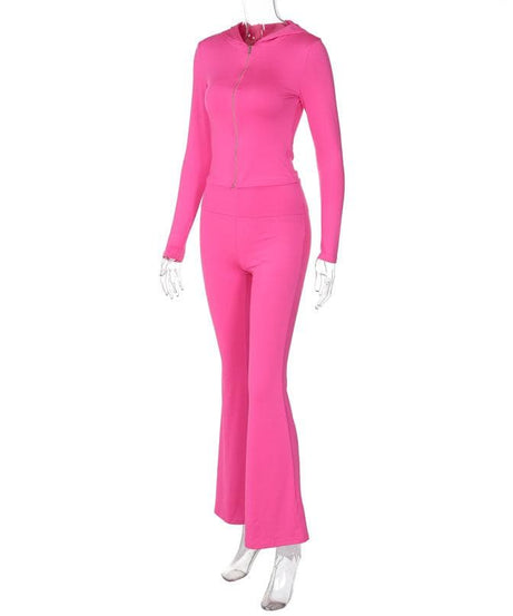 Fuchsia Flare Power: Y2K Zip-Up Hoodie & High-Rise Bell Bottom Set – Fall's Hottest Athleisure
