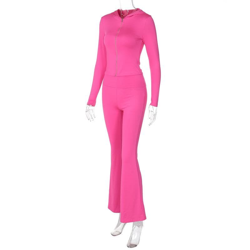 Fuchsia Flare Power: Y2K Zip-Up Hoodie & High-Rise Bell Bottom Set – Fall's Hottest Athleisure