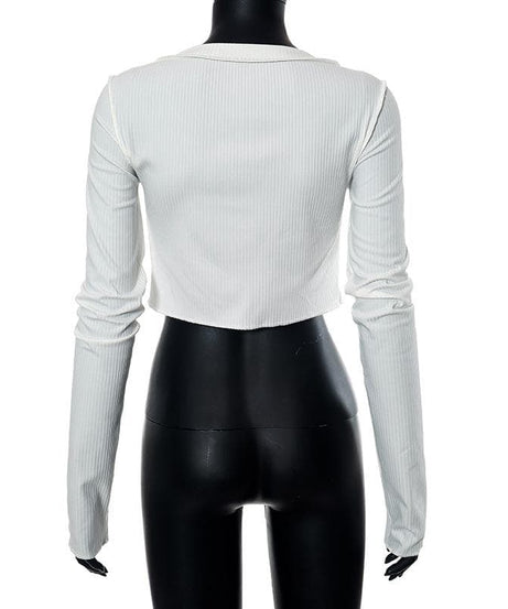 Cozy Chic White Ribbed Henley Crop Top | Long Sleeve Fall Essential for Women